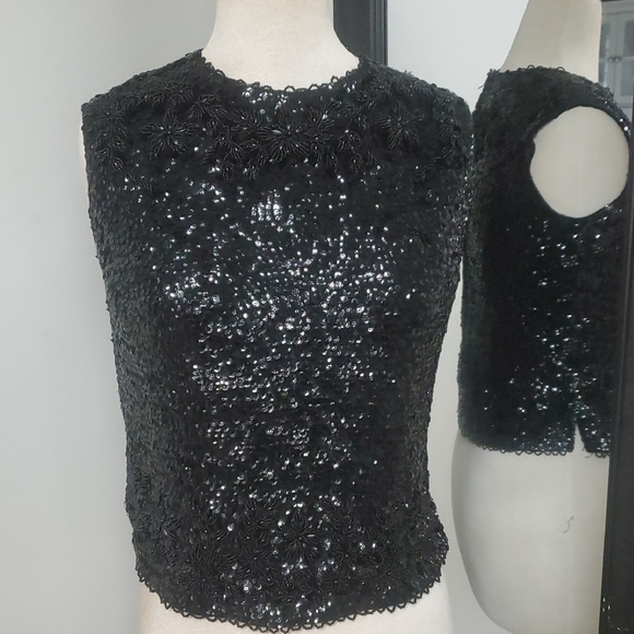 Stephen Chu Beaded Sweater Factory 100% Lamb's Wool Black Beaded Sleeveless Top - Picture 1 of 9